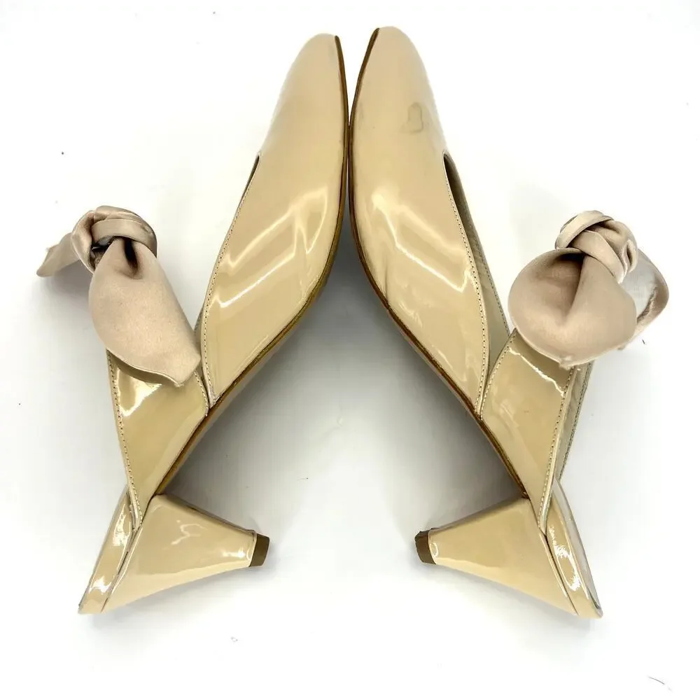 Intentionally Blank Nude Patent Leather Mules Heels Bow Pointed Toe 9 Slip On